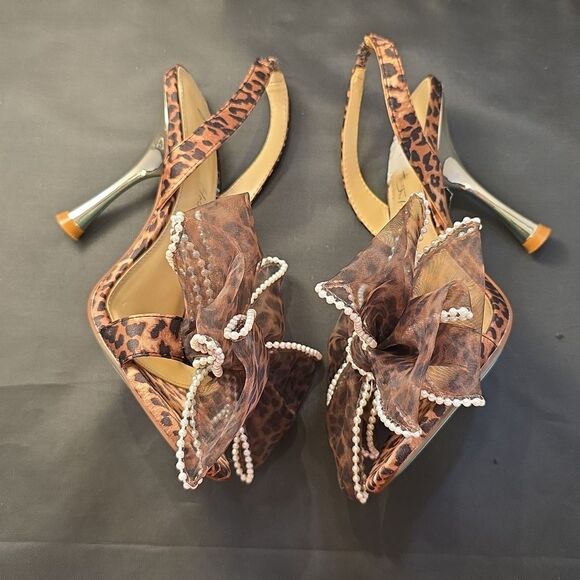 BRAND NEW  BLUE BY  BETSEY JOHNSON FAWN LEOPARD PEARL BOW HIGH HEEL SANDAL - Picture 13 of 16